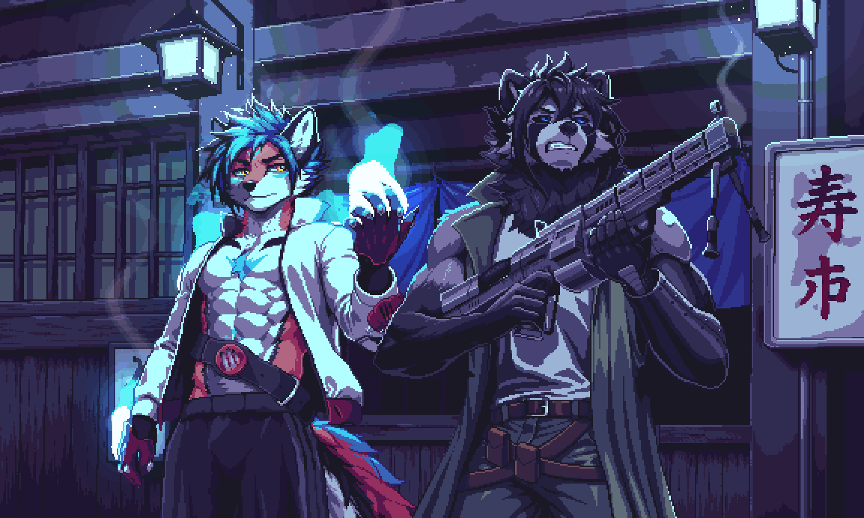 Pixelart of protogen and dragonic girls on a bed